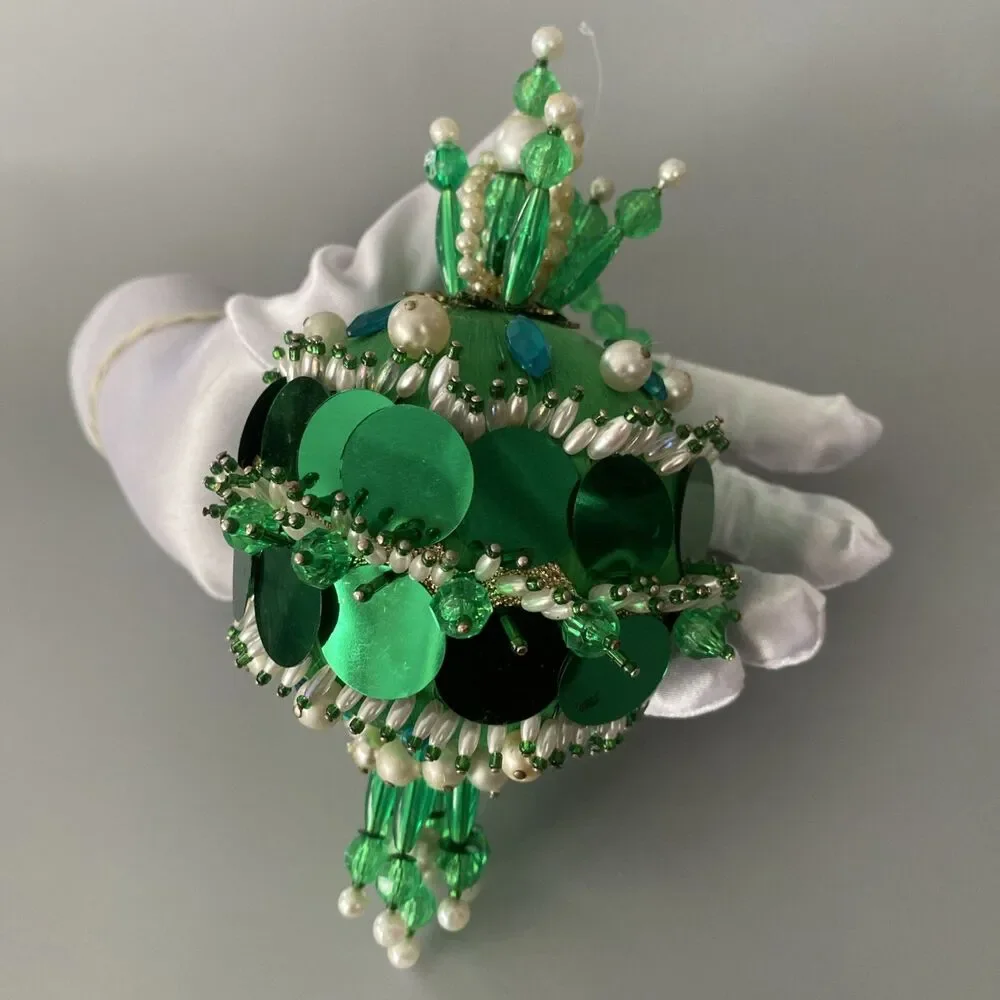 Vintage Christmas Green Beaded Push Pin Satin Ball Ornament Large Handmade Fancy